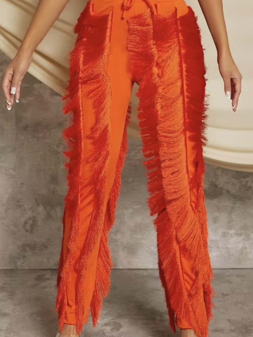 Fringe-Trim Straight Leg Pants in Vibrant Orange Festival Party XS